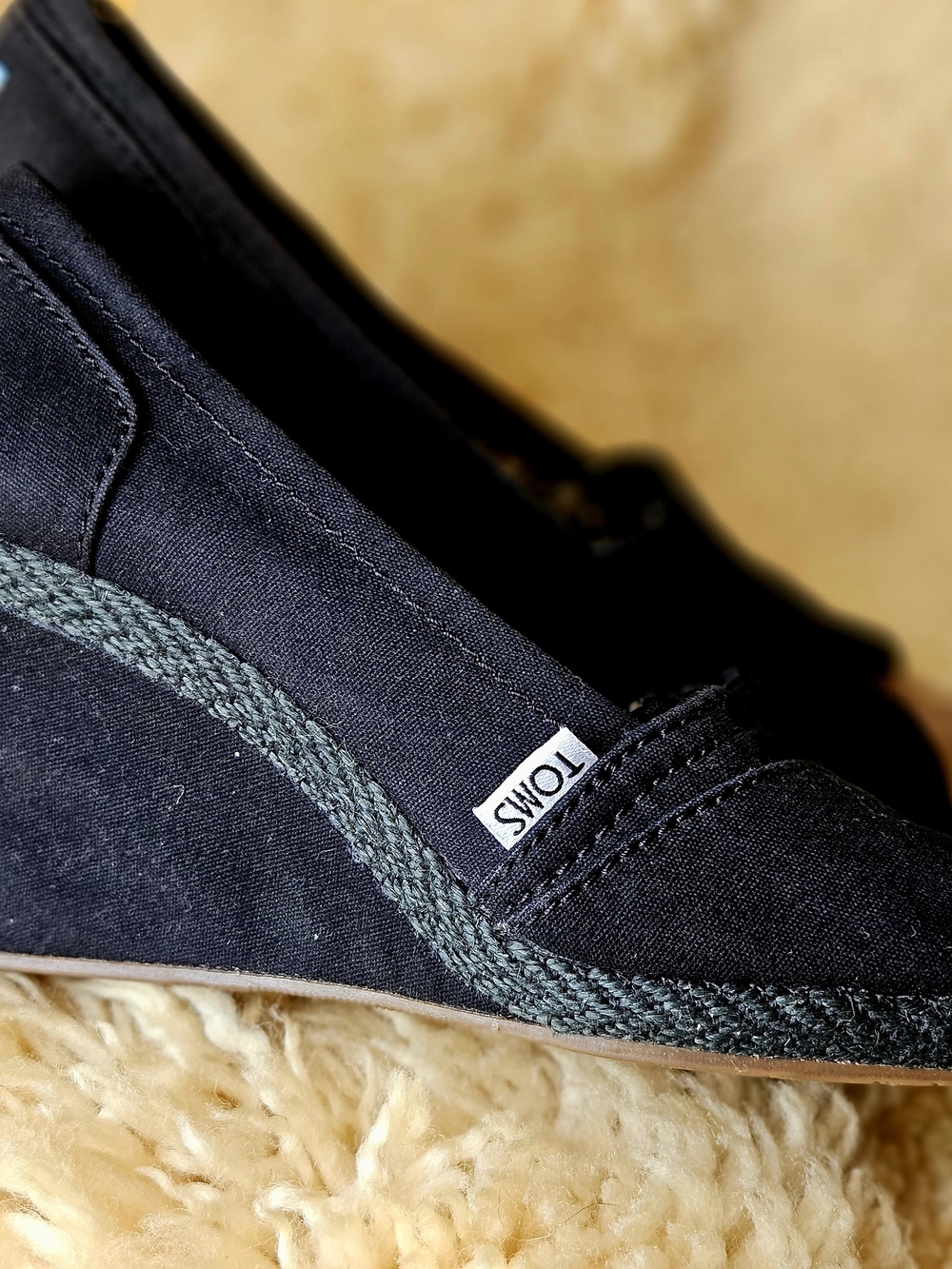 Toms Black Cotton Espadrille Wedges with Light Blue Logo Patch Shoes 7.5